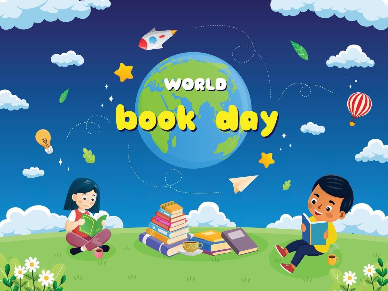 World book day children kid reading meadow blue sky cartoon illustration happy design vector