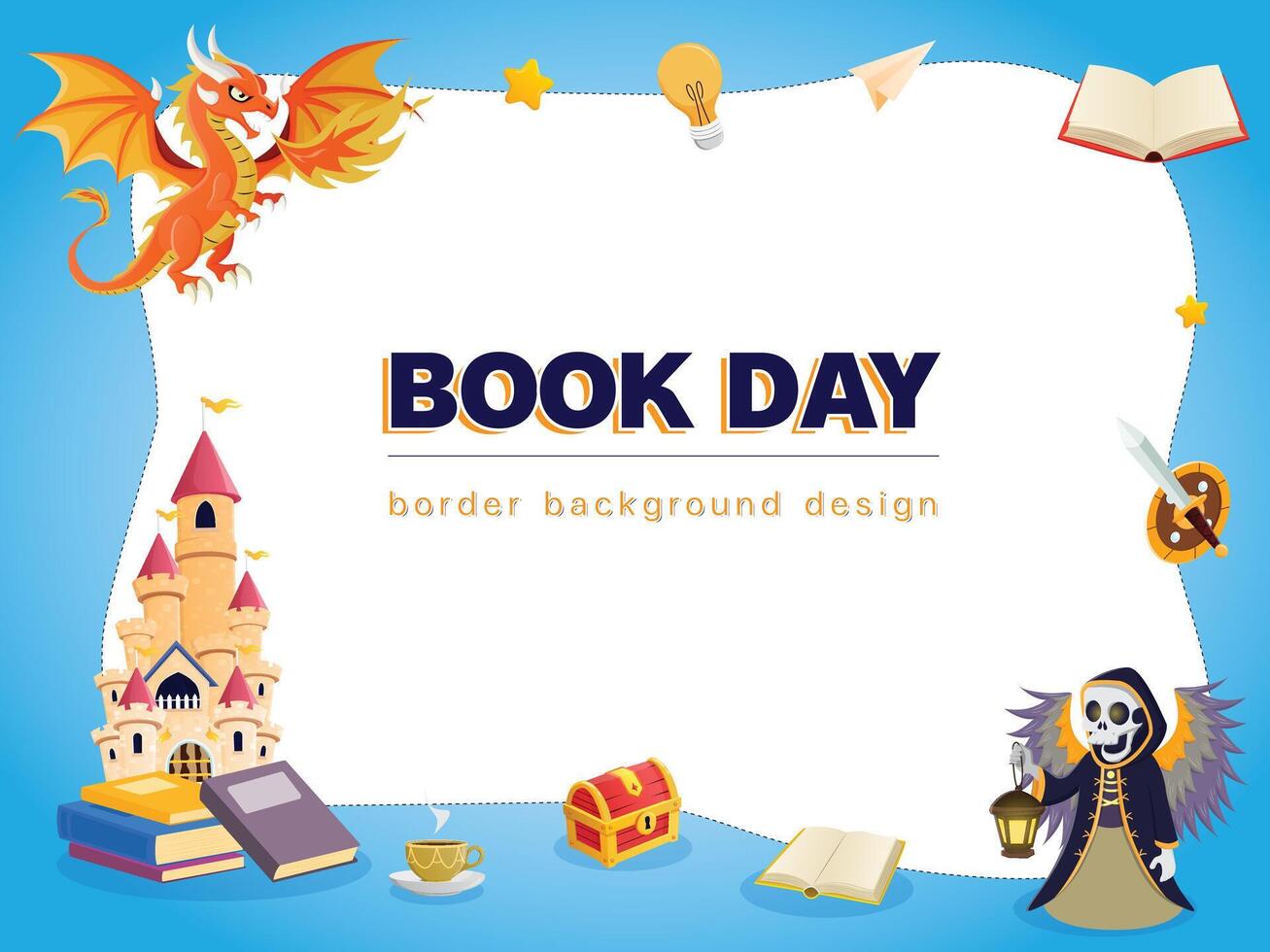 world book day children reading fantasy circle idea imagination knowleadge education happy cartoon white border background design vector