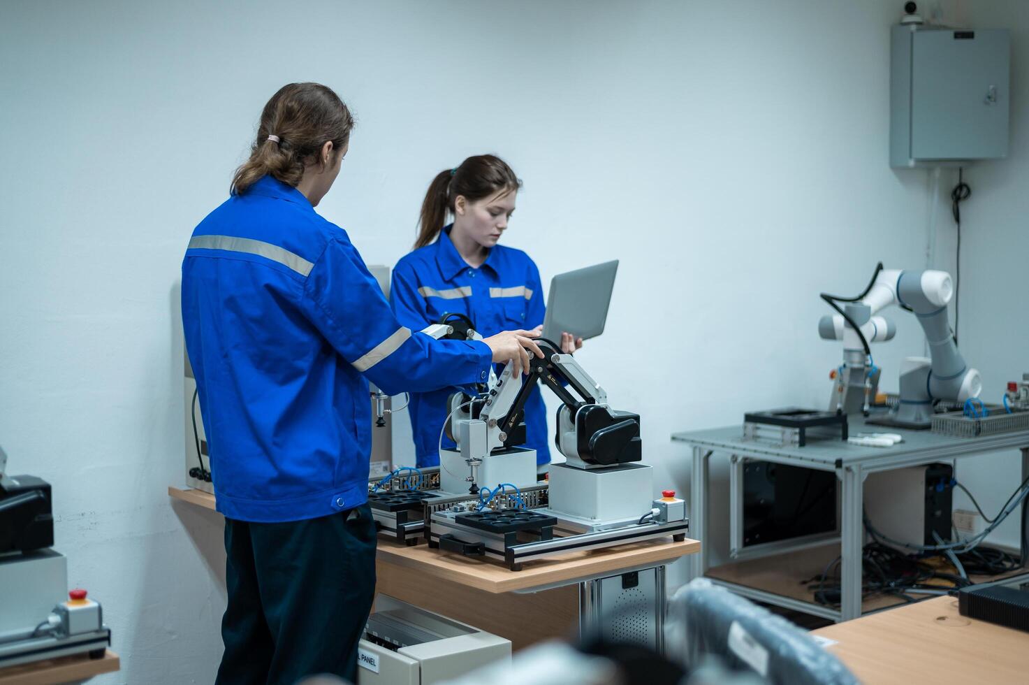 un grupo de robótica ingenieros trabajando con programación y manipulando robot mano, industrial robótica diseño, alto tecnología instalación, moderno máquina aprendiendo. masa producción automáticas. foto