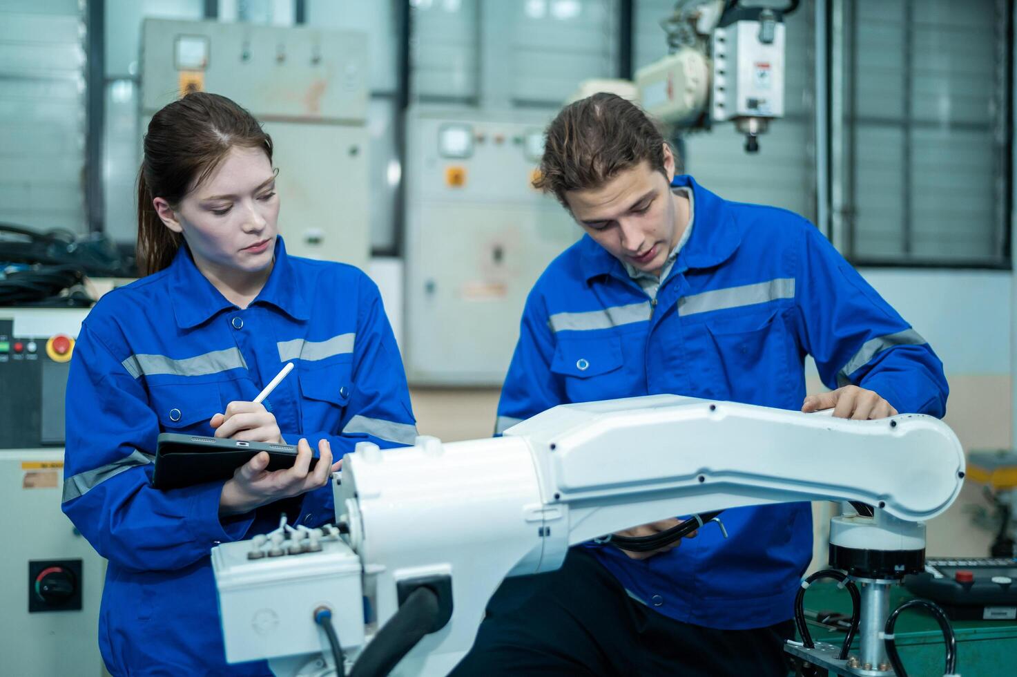 A group of Robotics engineers working with Programming and Manipulating Robot Hand, Industrial Robotics Design, High Tech Facility, Modern Machine Learning. Mass Production Automatics. photo