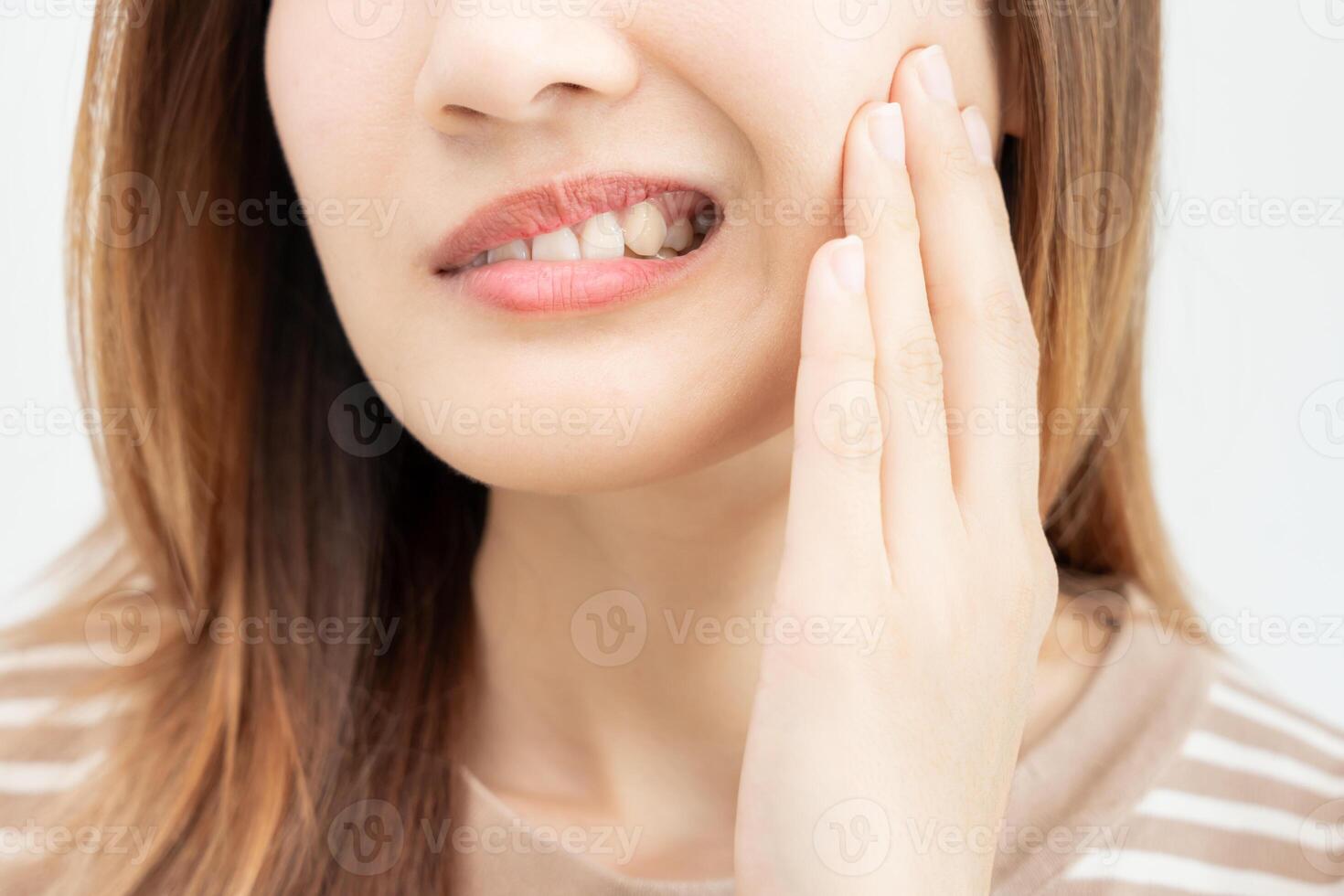Asian woman feel toothache from gingivitis, female suffer tooth, decay problems, dental care. sensitive tooth, decay problem, bad breath, Gingival Recession, Oral Hygiene instruction, tooth extraction photo