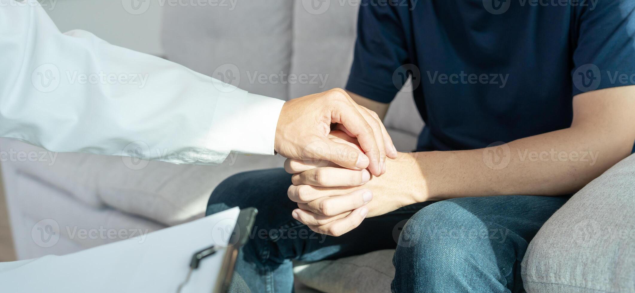 psychiatrist hold hand support each while discussing family issues. doctor encourages and empathy woman suffers depression. psychological, save divorce, Hand in hand together, trust, care photo