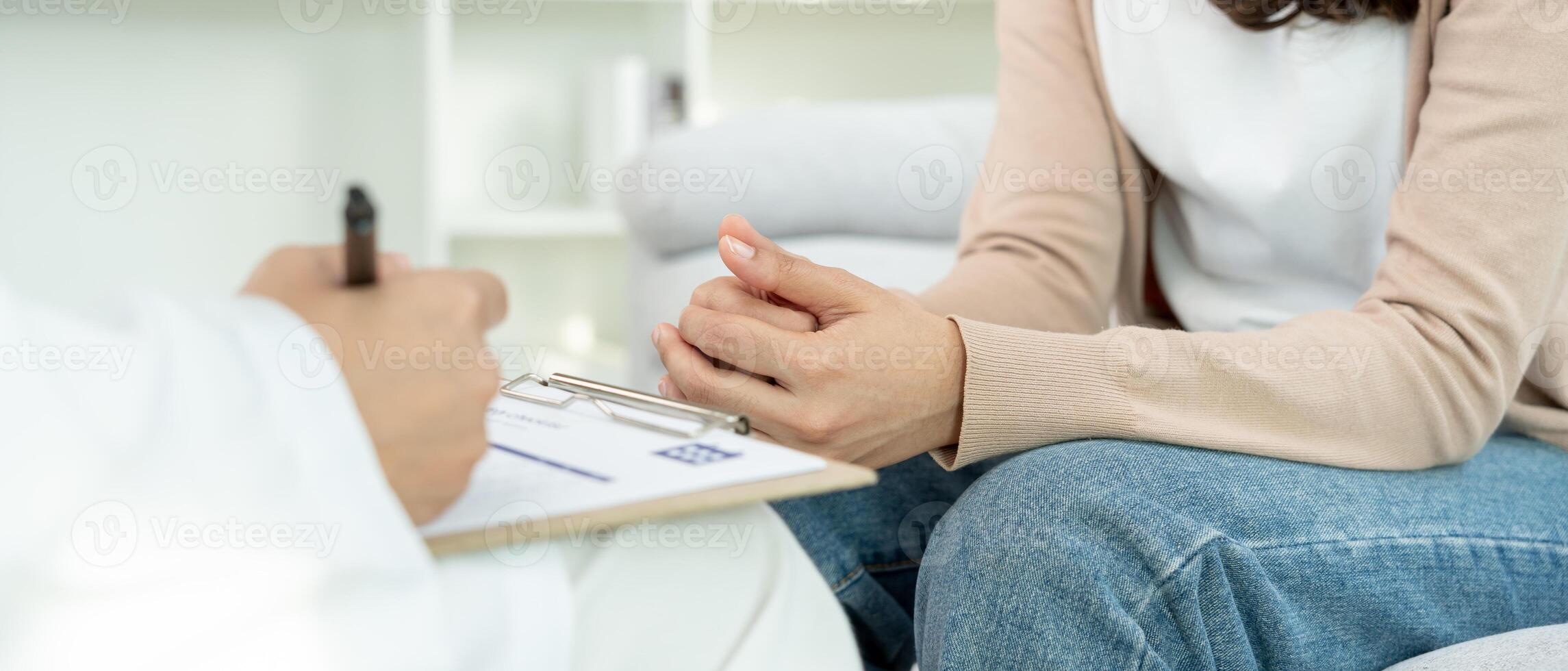 woman with mental health problems is consulting. psychiatrist is recording the patient's condition for treatment. encouragement, love and family problem, bipolar , depression patient, protect suicide photo