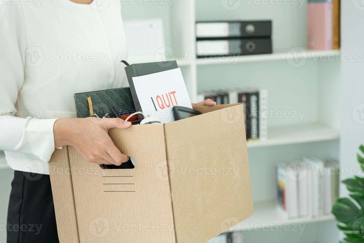 resignation, leave, quit, Stressful businesswomen will resign from the company. Female staff is lifting a brown paper box that holds personal items. , job placement and vacancies, resignation letter photo