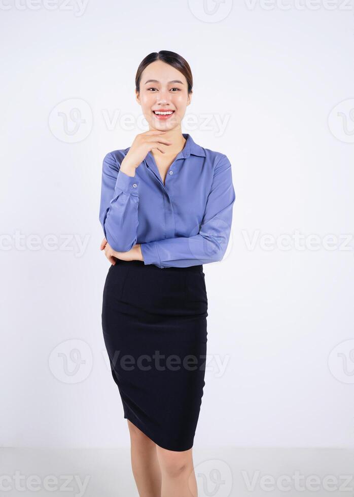 Photo of young Asian businesswoman on white background