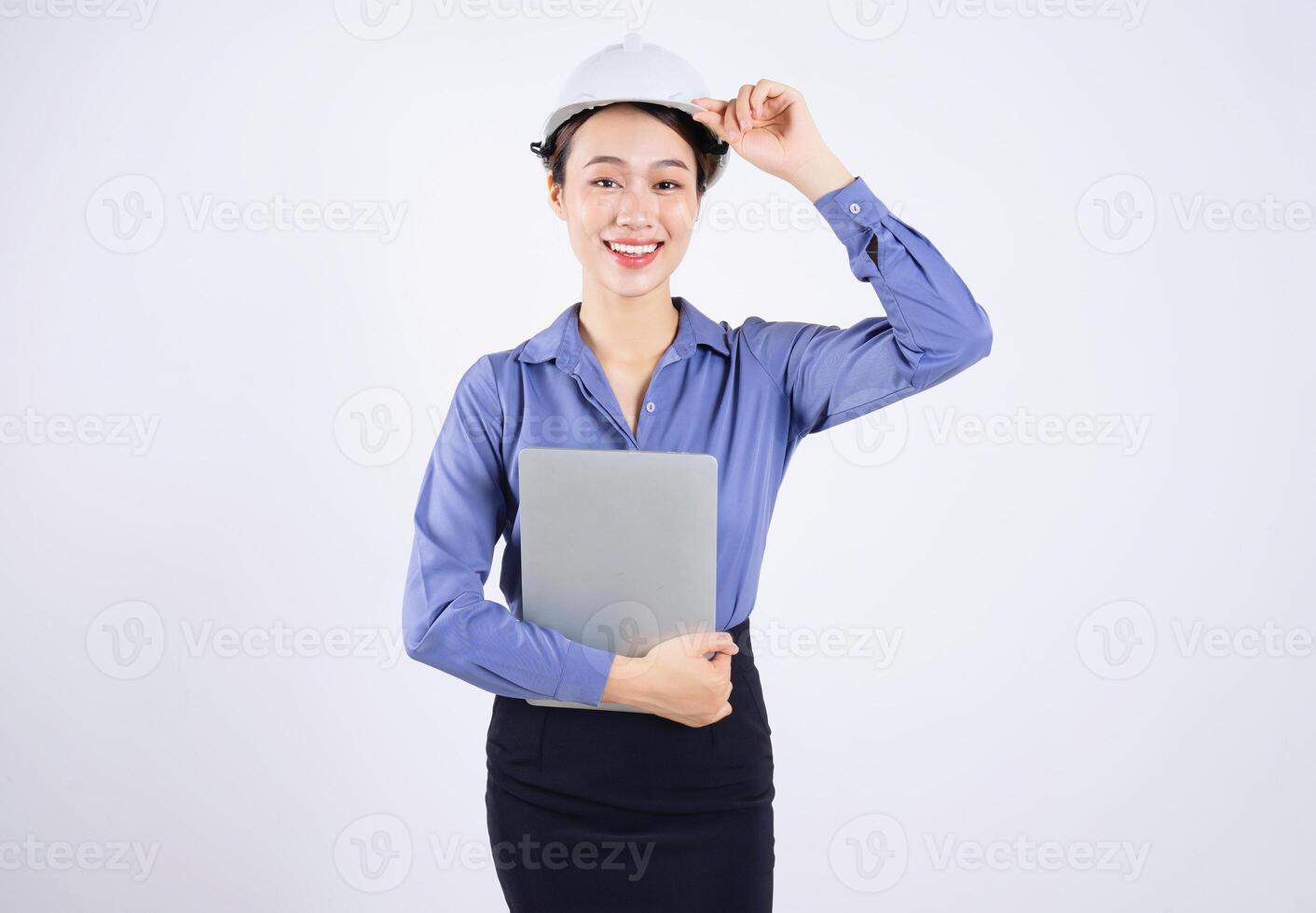 Photo of young Asian businesswoman on white background