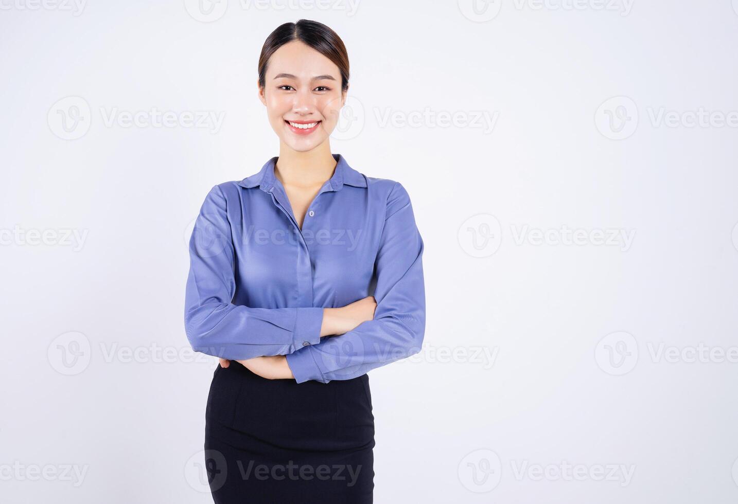 Photo of young Asian businesswoman on white background