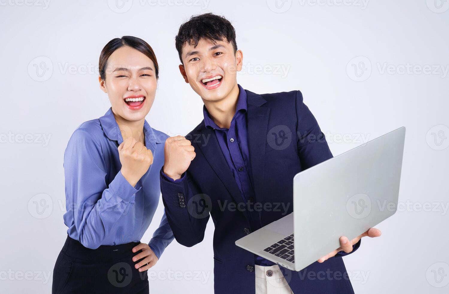 Photo of two young Asian business people on white background