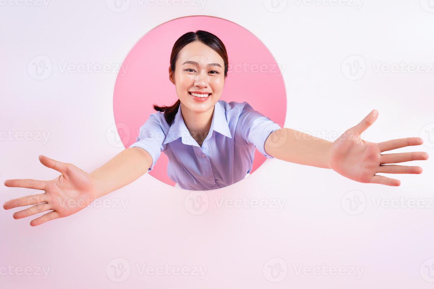 Photo of young Asian woman on background