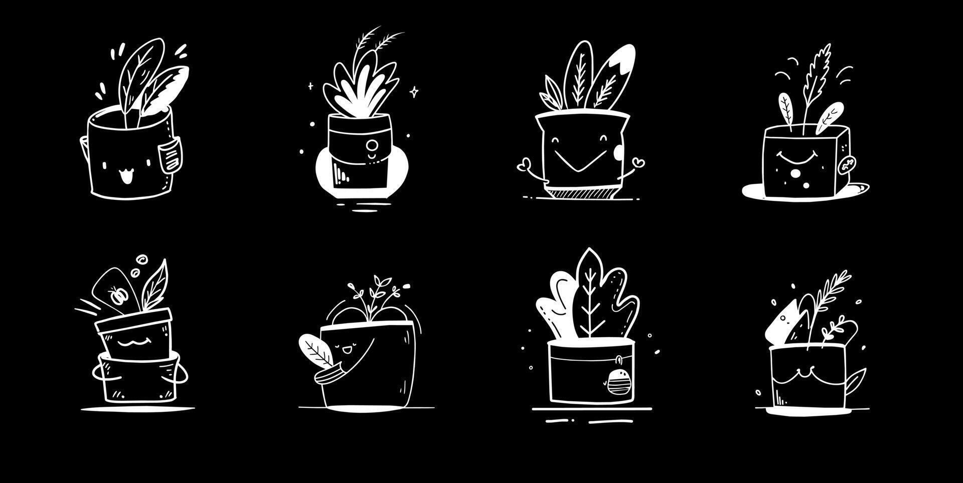 Set of pixel potted plant icons of potted plants on a black background . High quality. Collection of line art illustrations featuring various houseplants. The minimalist black and white drawings. vector