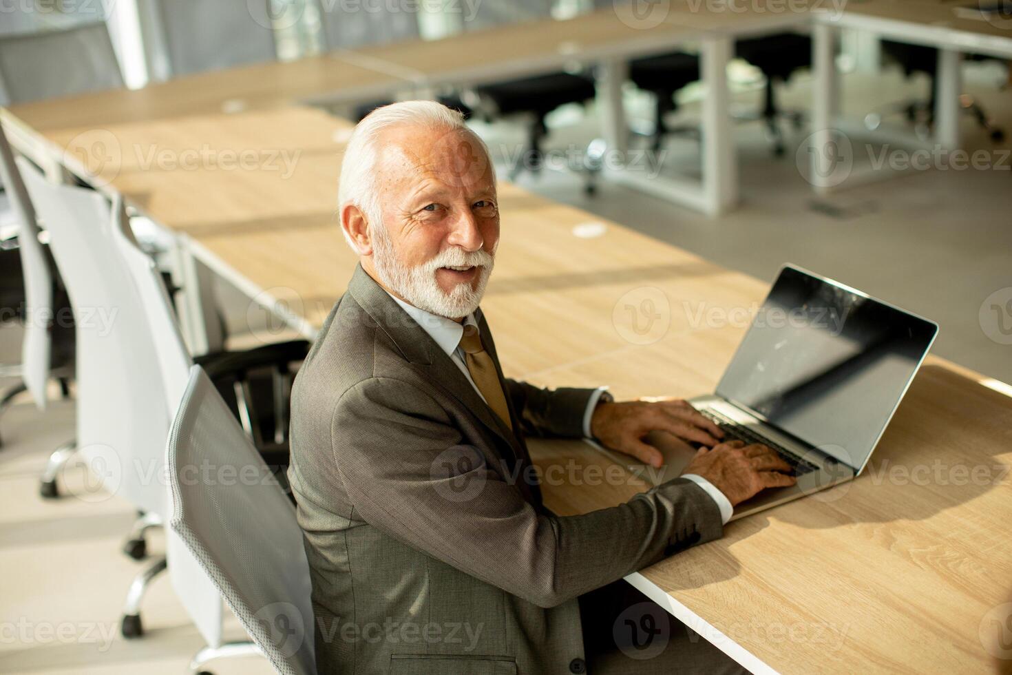 Senior businessman working on laptop computer in office photo