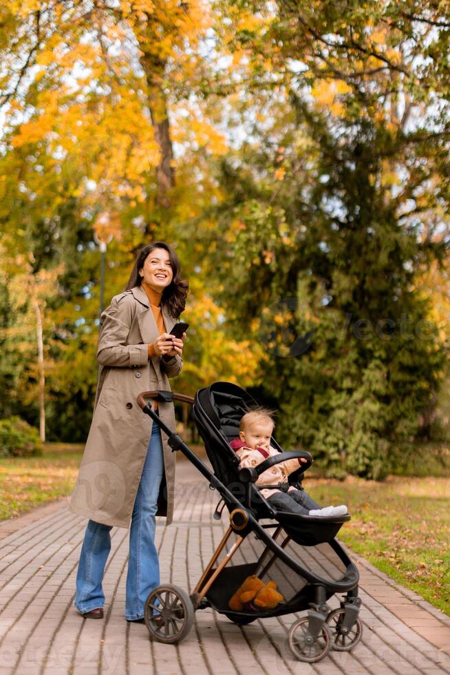 Young woman with cute baby girl in baby stroller using mobile phone at the autumn park photo