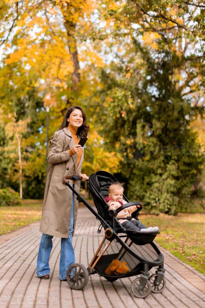 Young woman with cute baby girl in baby stroller using mobile phone at the autumn park photo