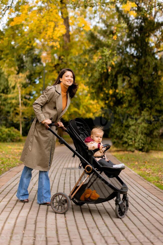 Young woman with cute baby girl in baby stroller at the autumn park photo