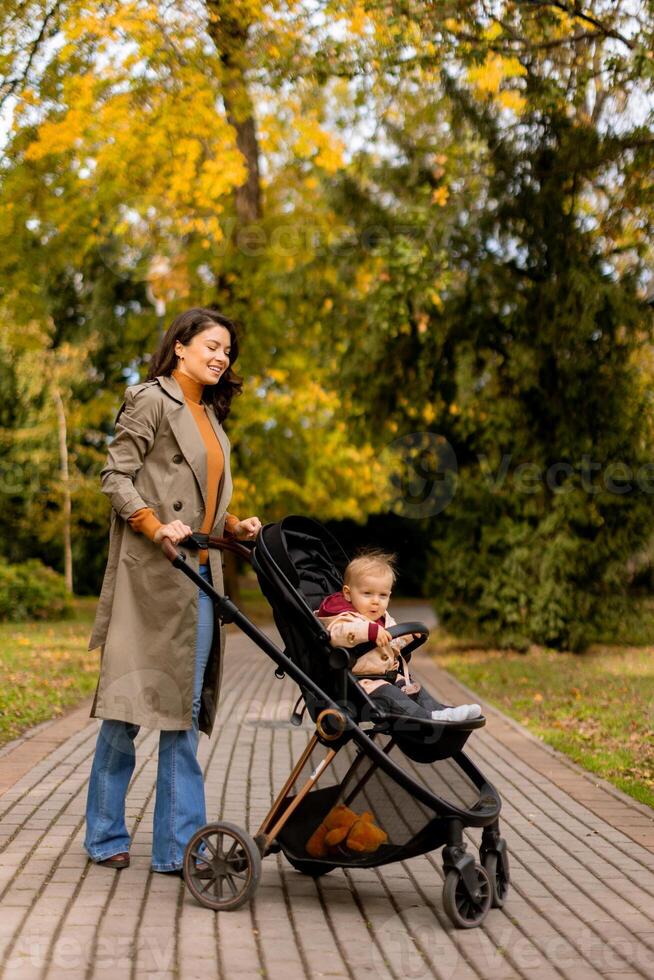 Young woman with cute baby girl in baby stroller at the autumn park photo