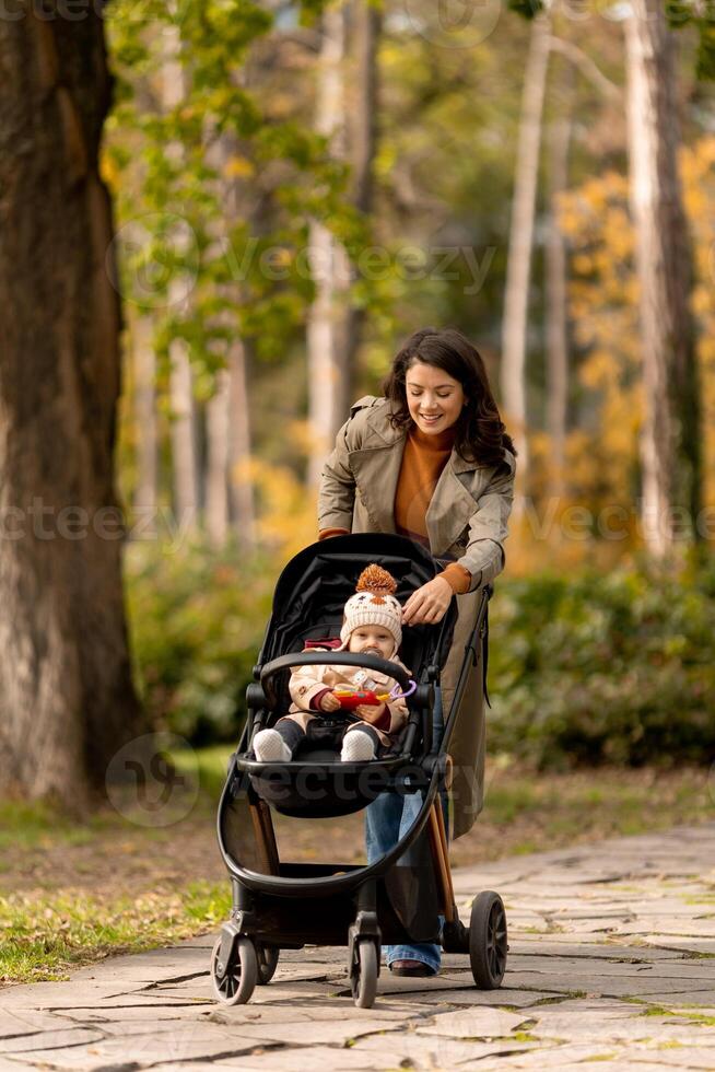 Young woman with cute baby girl in baby stroller at the autumn park photo