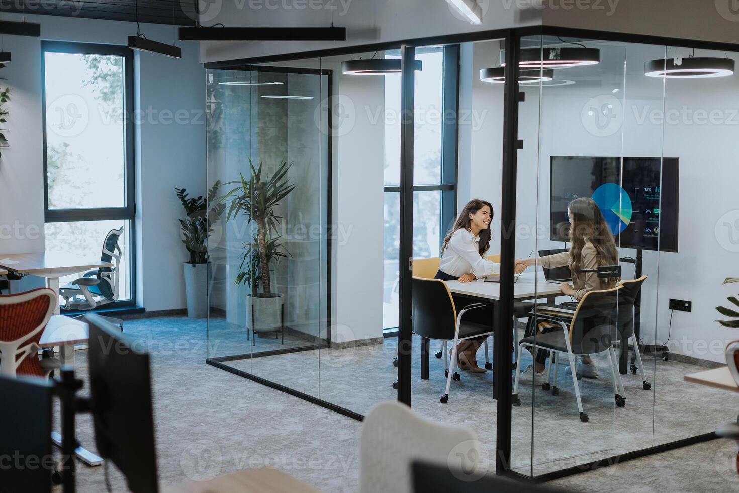 Young business women discussing in cubicle at the office photo