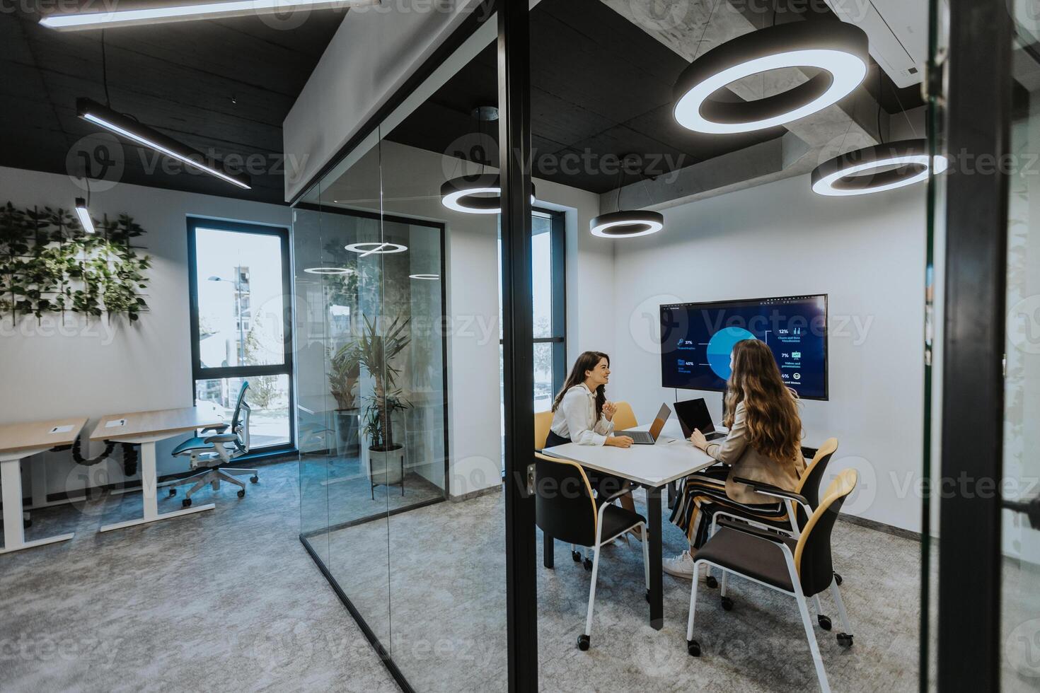 Young business women discussing in cubicle at the office photo