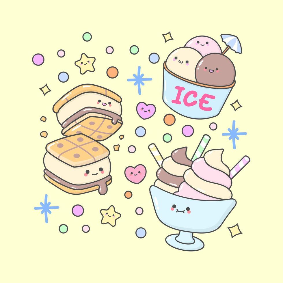 Ice cream biscuit glass vanilla chocolate strawberry with cute facial expressions and pastel colour vector