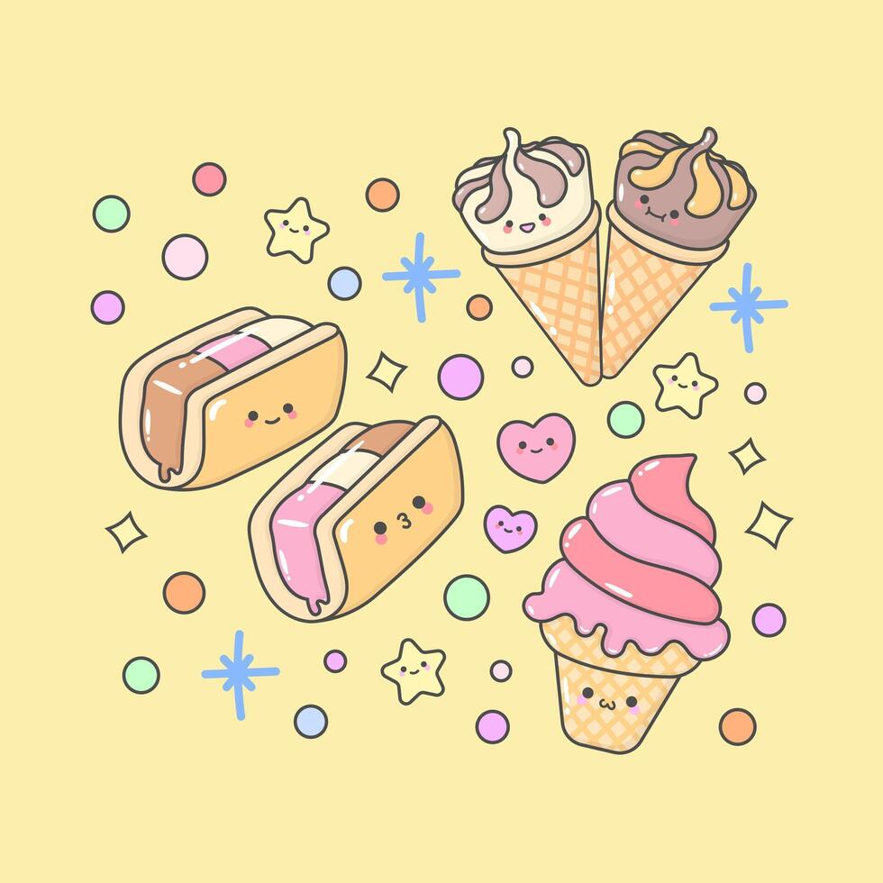 Ice cream stick sundae Cone strawberry with cute facial expressions and pastel colour vector