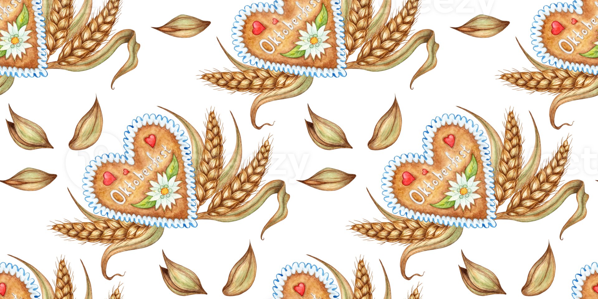 acquerello illustrazione modello di tradizionale bavarese pasticcini e orecchie di Grano, Pan di zenzero biscotti nel il forma di cuore. oktoberfest isolato a partire dal sfondo. per menu, striscioni, manifesto stampa png