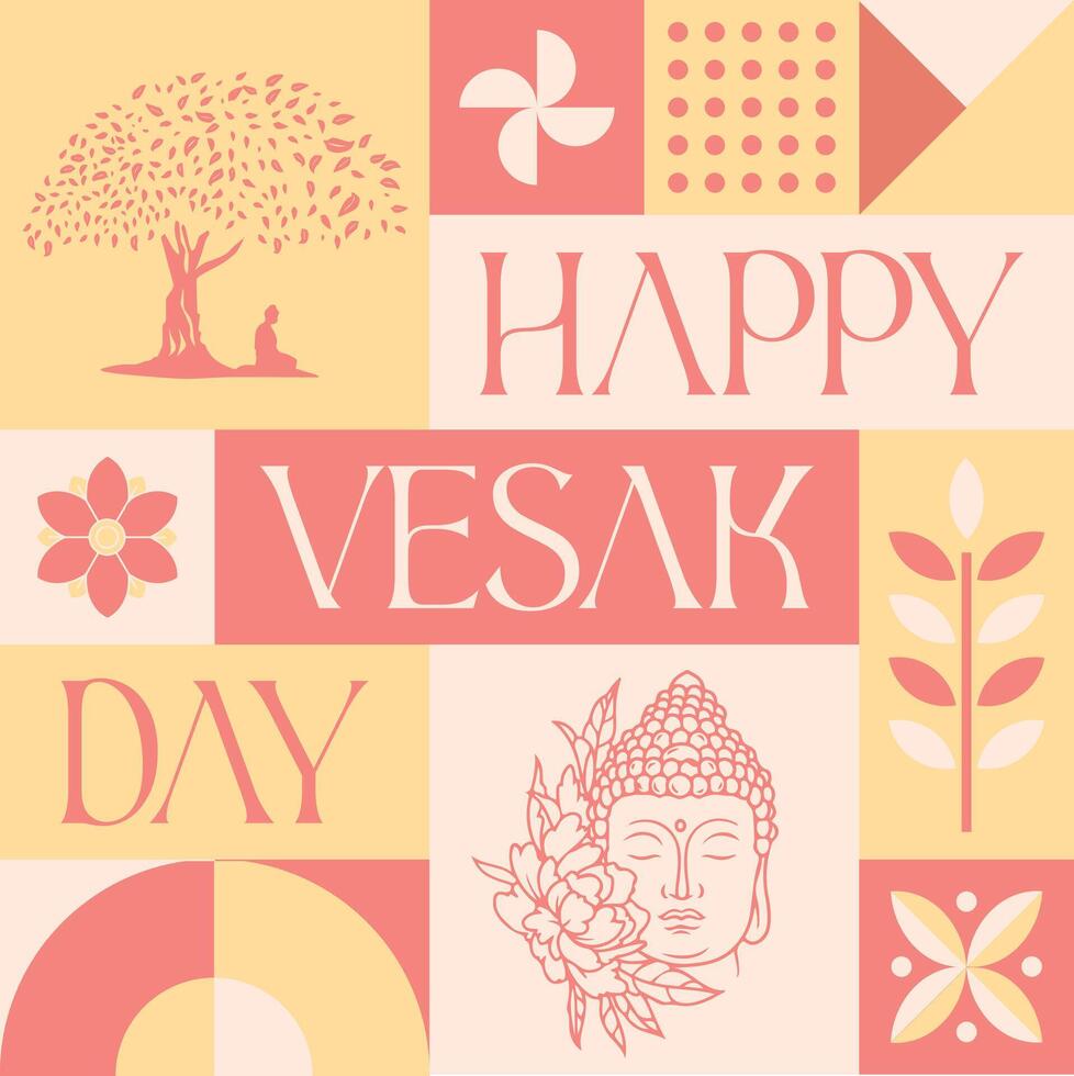 Happy Vesak Day Buddhist seamless pattern in scandinavian style postcard with Retro clean concept design vector