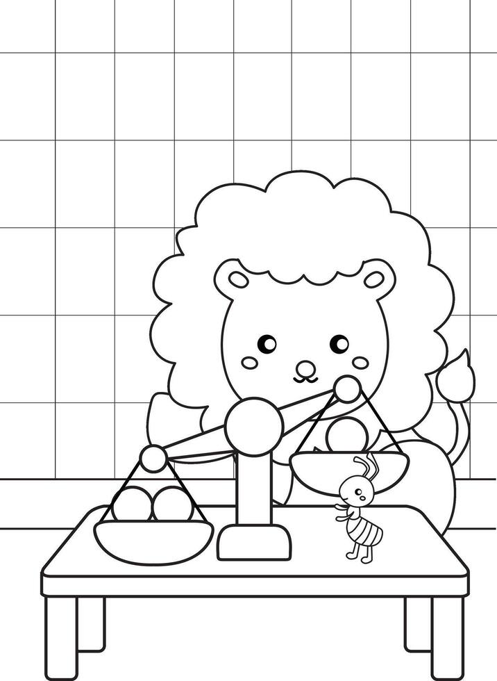 Cute Lion Animals and Mathematics Lesson Cartoon Coloring Activity for Kids and Adult vector