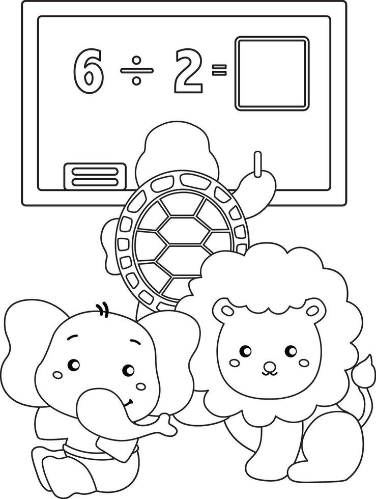 Cute Turtle Elephant Lion Animals and Mathematics Lesson Cartoon Coloring Activity for Kids and Adult vector