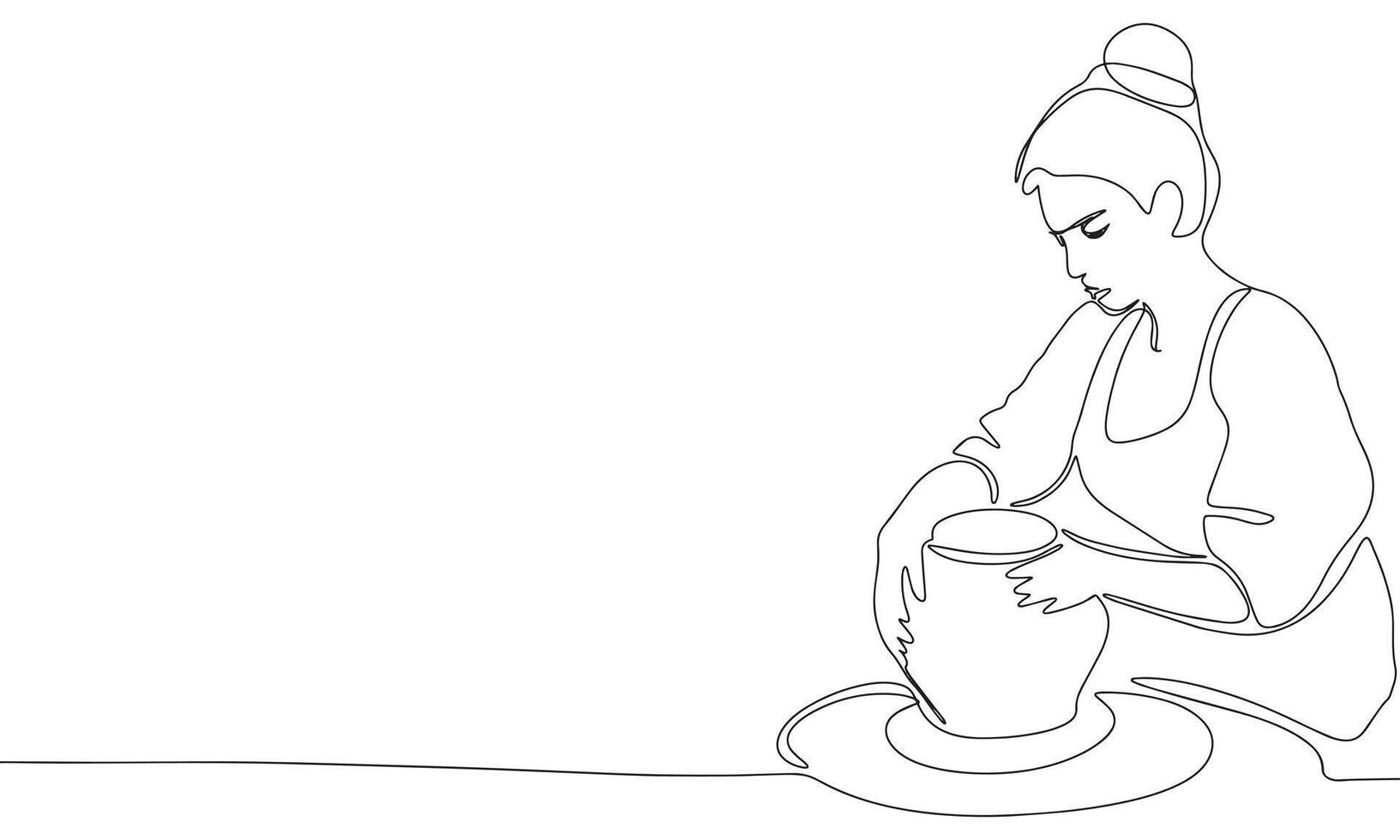 Potter woman one line continuous. Line art potter banner concept. Hand drawn art. vector