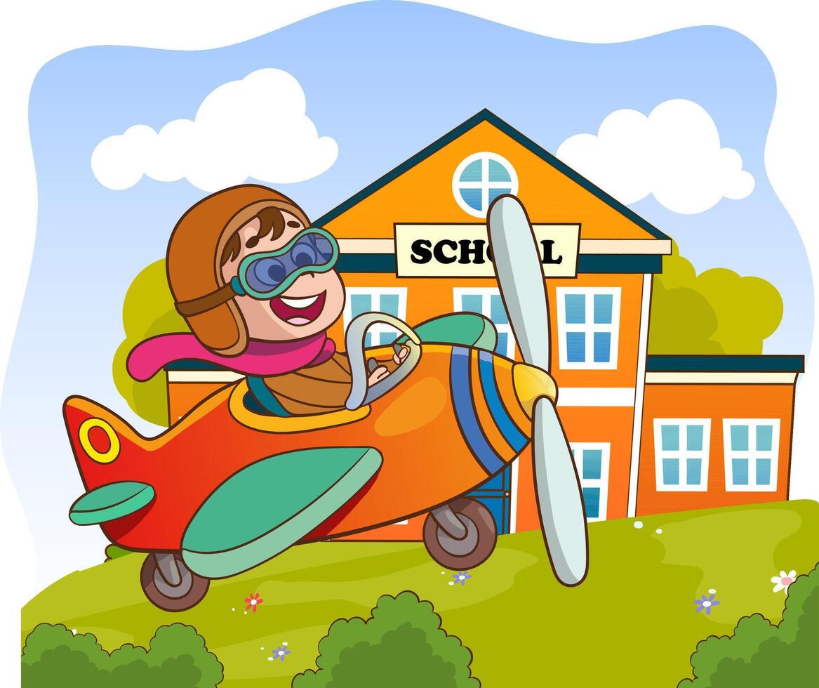 Happy smiling boy flying plane like a real pilot in retro leather flight helmet.Modern book illustration.Flat style cartoon illustration. vector