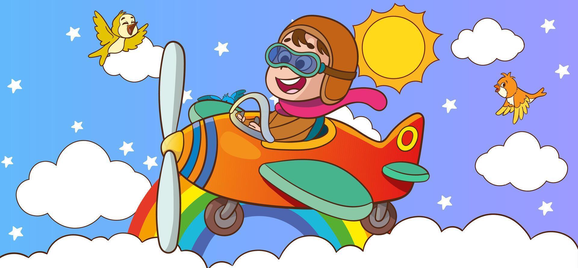 Happy smiling boy flying plane like a real pilot in retro leather flight helmet.Modern book illustration.Flat style cartoon illustration. vector