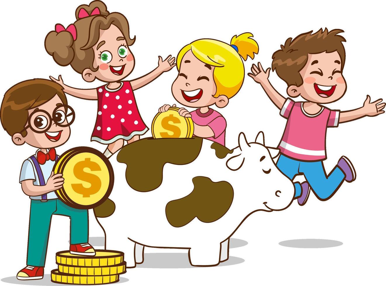 Boys and girls are putting money into the piggy bank. Fundraising concept. cartoon character illustration icon. Isolated on white background vector