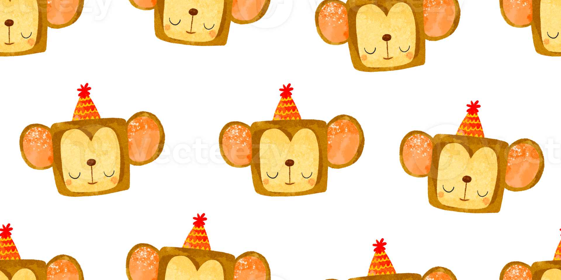Seamless pattern with monkey portraits. Monkey in the jungle on holiday. Cute cartoon animal celebrating his birthday. Scandinavian background. Isolated kids illustration png