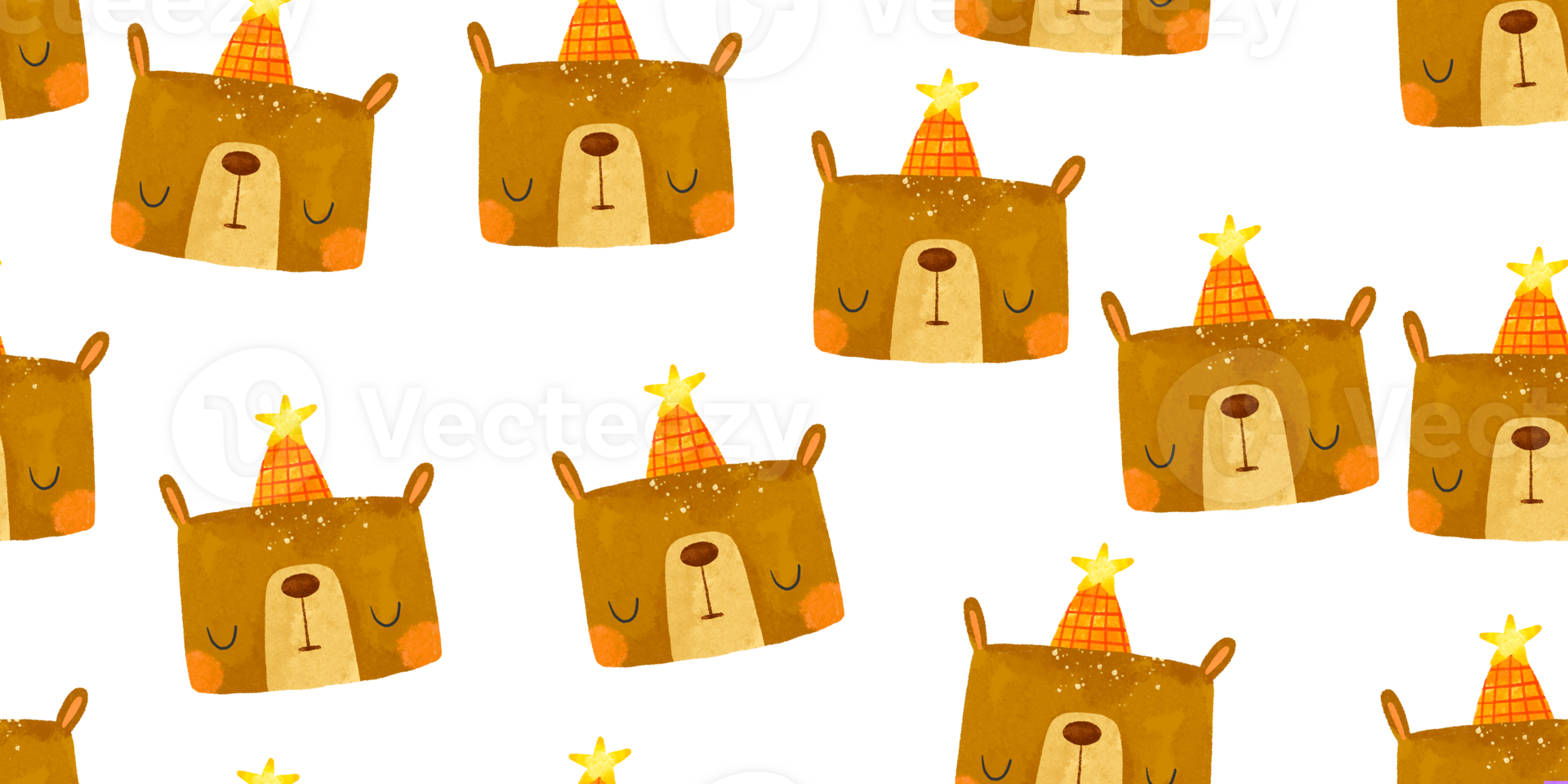 Seamless pattern with bear portraits. Wild nature. Cute cartoon animal celebrating his birthday. Scandinavian style. Isolated kids illustration png