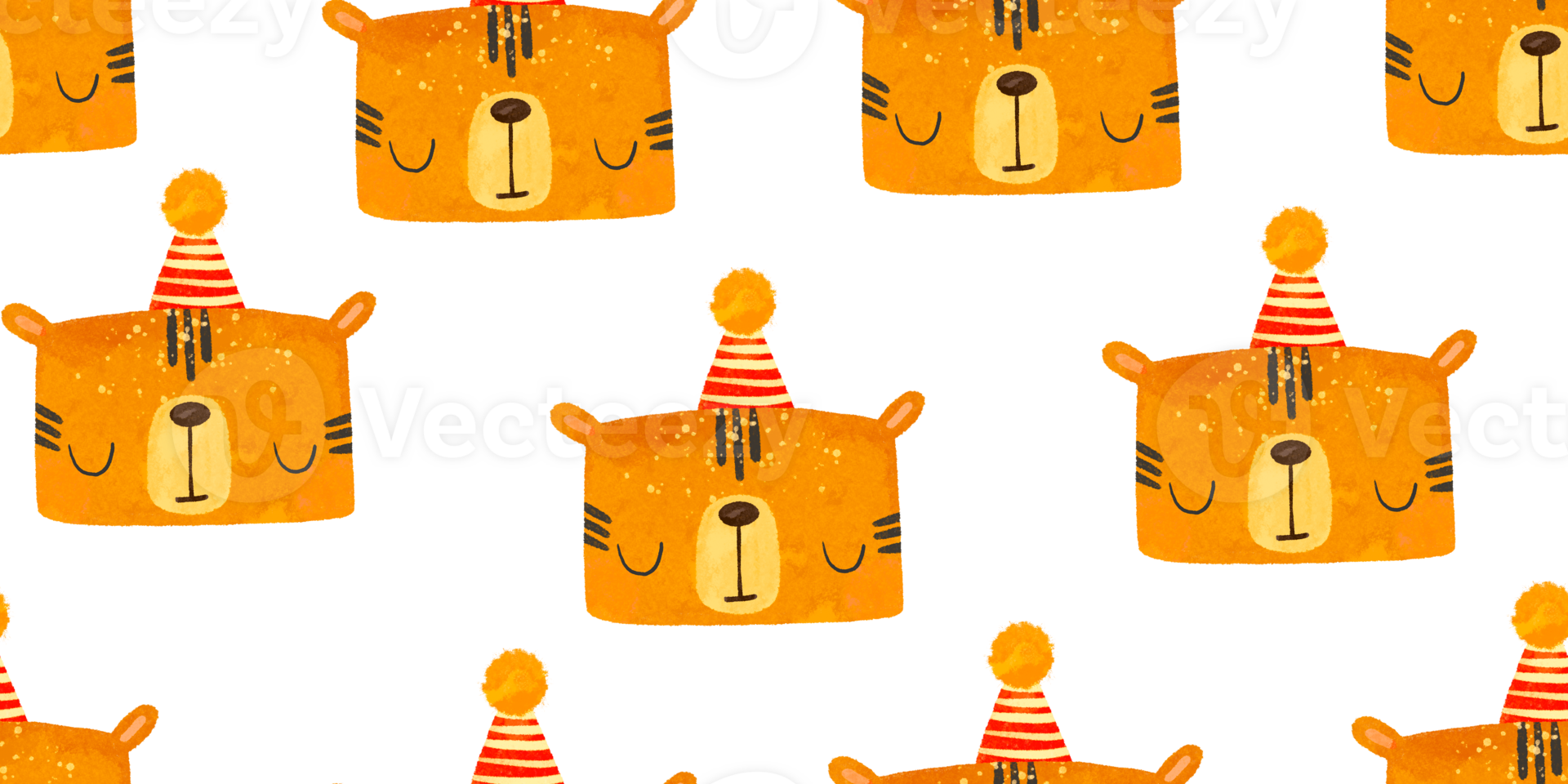 Seamless pattern with portraits of tigers. Jungle and wildlife. Cute cartoon animals celebrating a birthday. Scandinavian style. Isolated kids illustration png