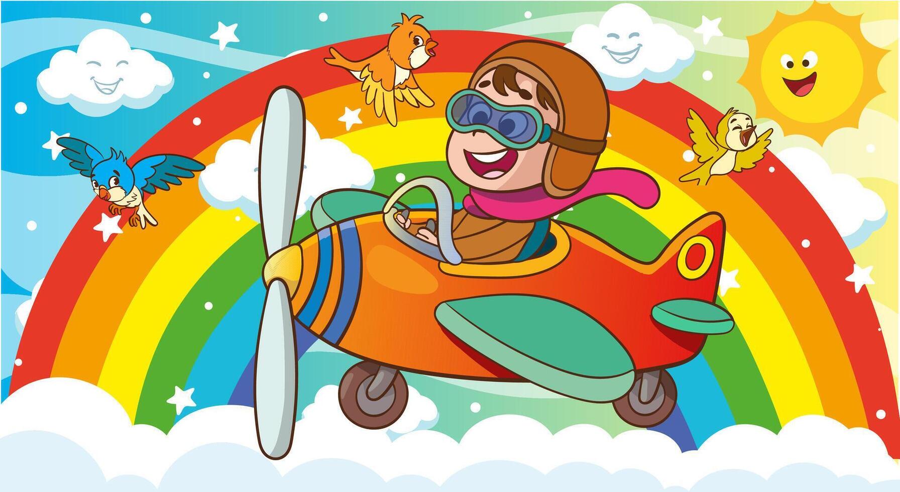 Happy smiling boy flying plane like a real pilot in retro leather flight helmet.Modern book illustration.Flat style cartoon illustration. vector