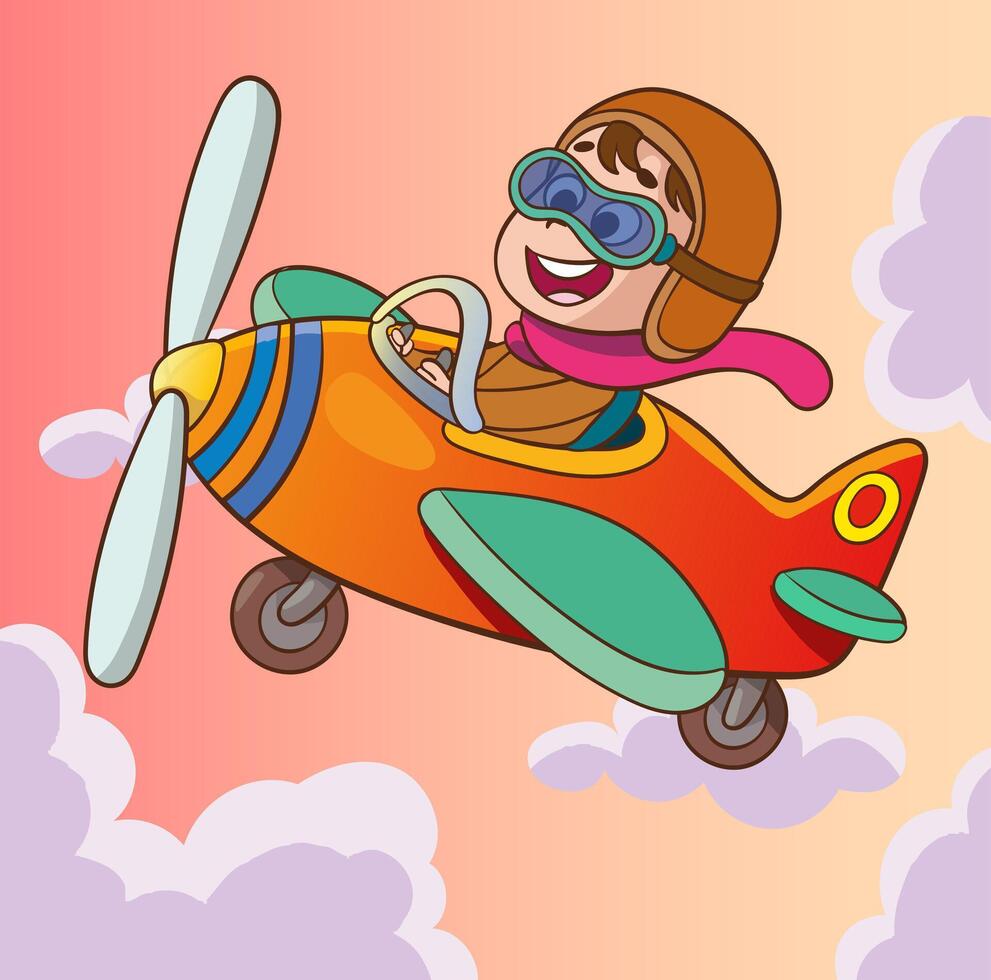 Happy smiling boy flying plane like a real pilot in retro leather flight helmet.Modern book illustration.Flat style cartoon illustration. vector
