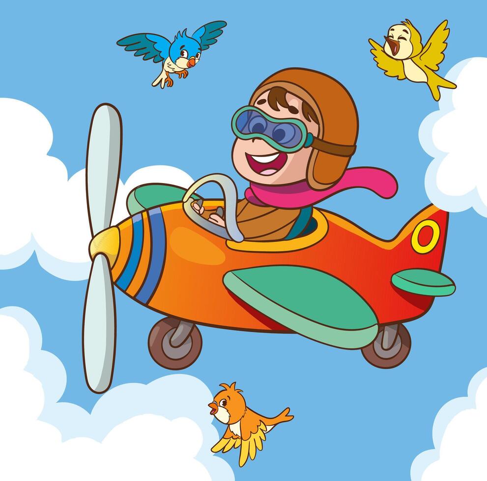 Happy smiling boy flying plane like a real pilot in retro leather flight helmet.Modern book illustration.Flat style cartoon illustration. vector