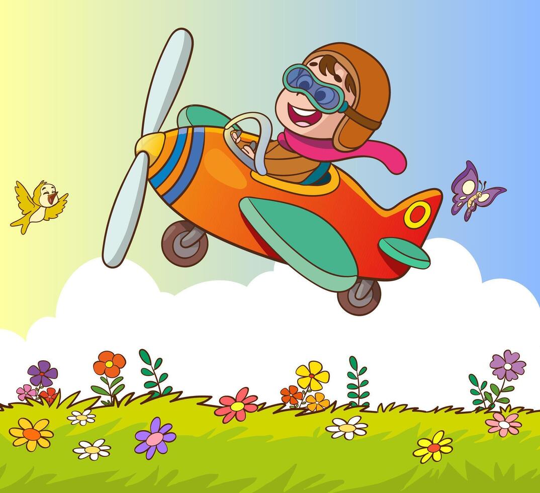 Happy smiling boy flying plane like a real pilot in retro leather flight helmet.Modern book illustration.Flat style cartoon illustration. vector