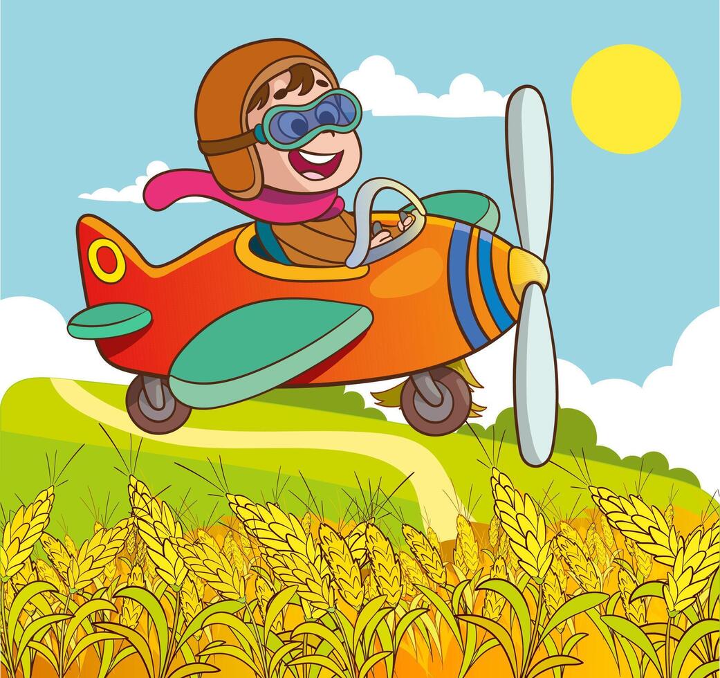 Happy smiling boy flying plane like a real pilot in retro leather flight helmet.Modern book illustration.Flat style cartoon illustration. vector