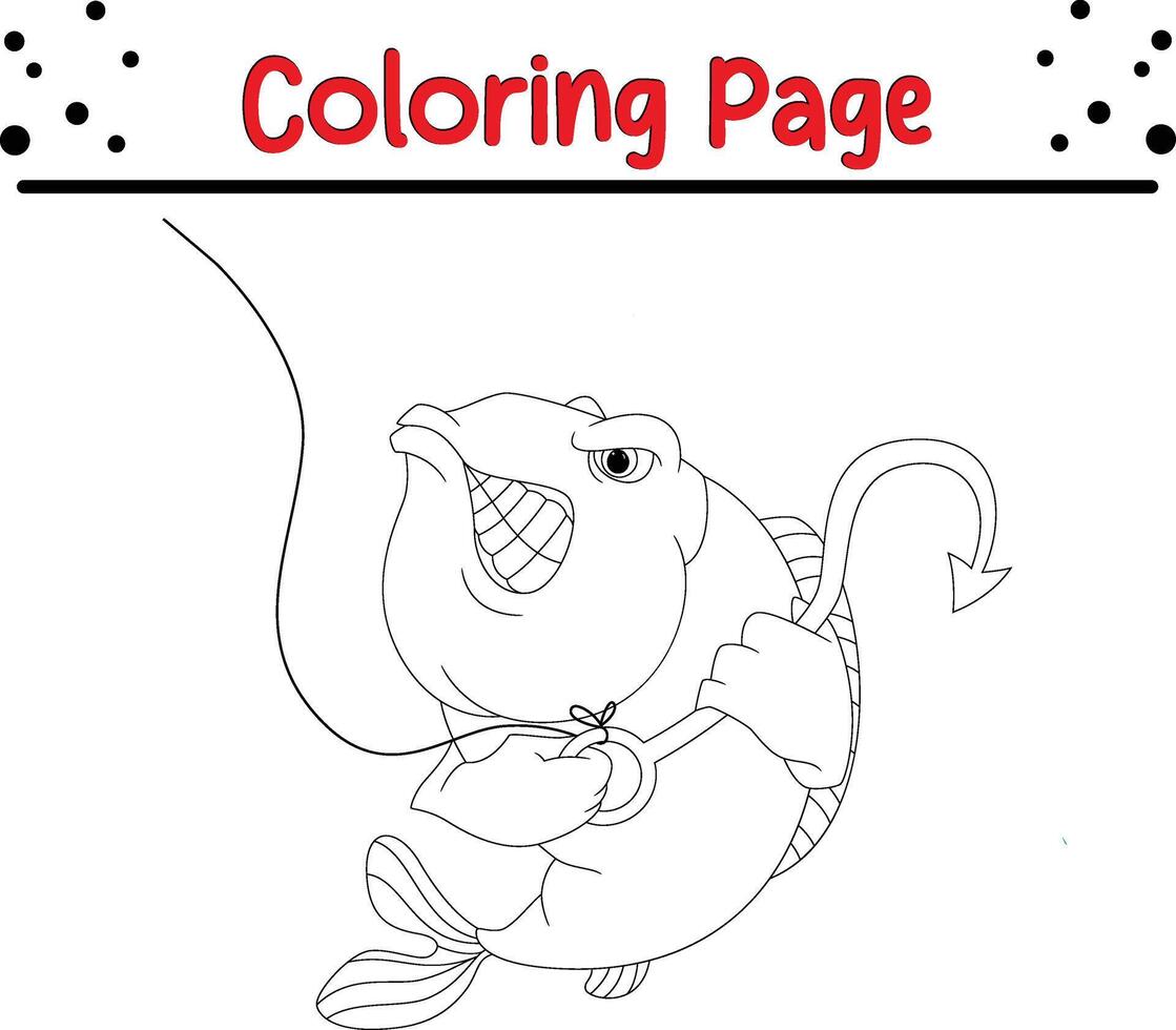 enojado pescado con pescar gancho colorante página para niños vector