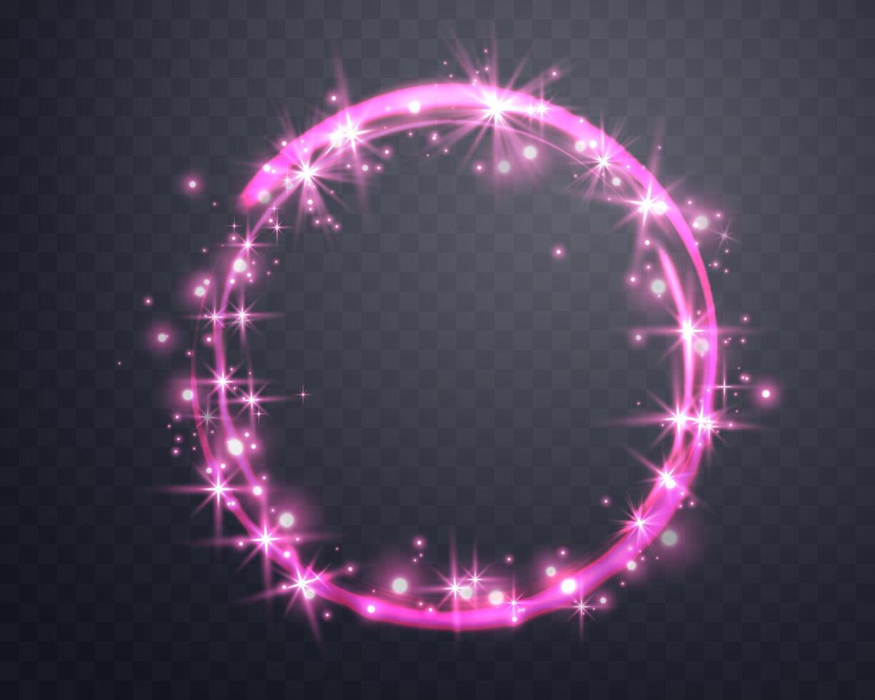 Pink magic ring with glowing. Neon realistic energy flare halo ring. Abstract light effect vector