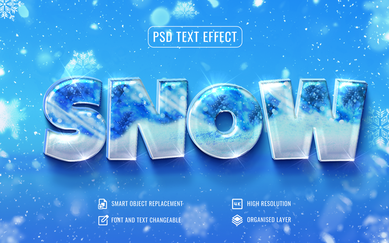 shiny snow text effect with snowflakes background psd
