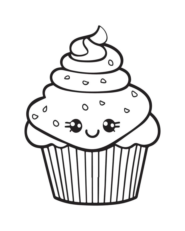 Cute Kawaii cupcake coloring Pages, Cupcake illustration, cupcake black and white, cupcake flat design, cake art. vector