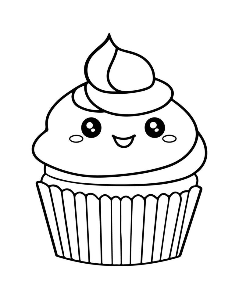 Cute Kawaii cupcake coloring Pages, Cupcake illustration, cupcake black and white, cupcake flat design, cake art. vector