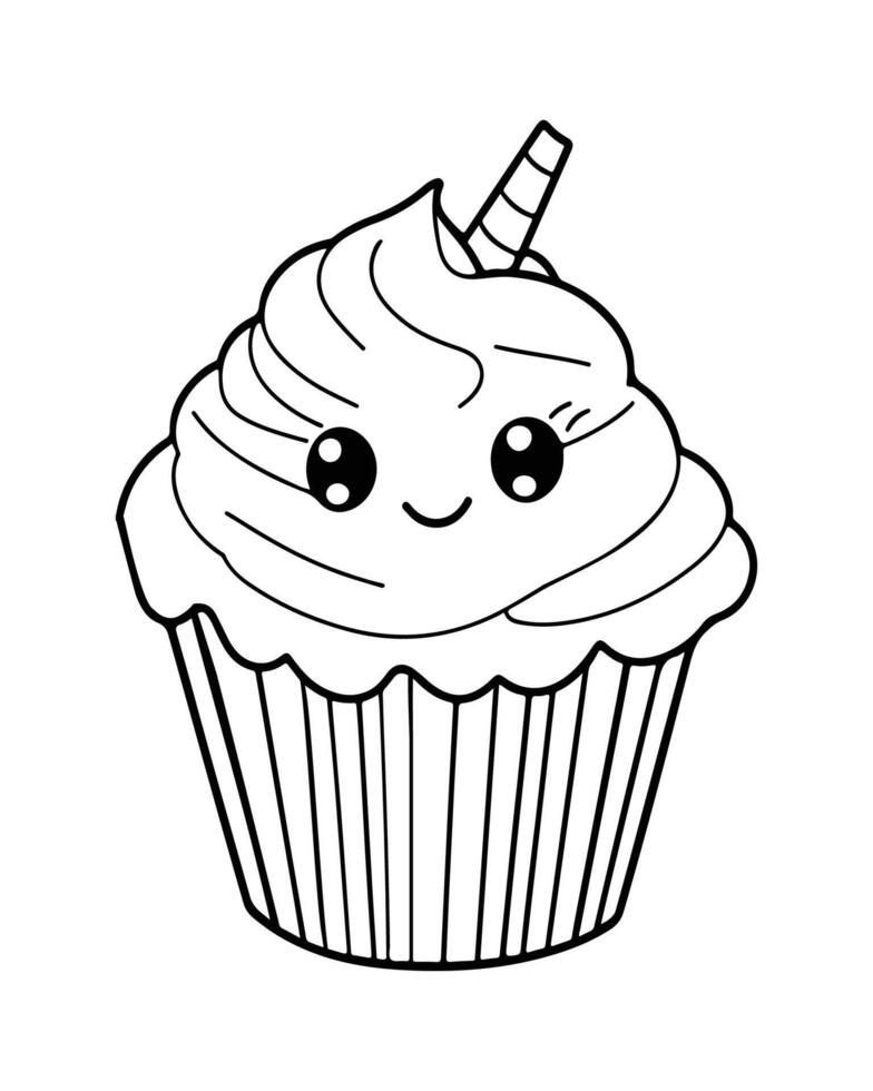 Cute Kawaii cupcake coloring Pages, Cupcake illustration, cupcake black and white, cupcake flat design, cake art. vector