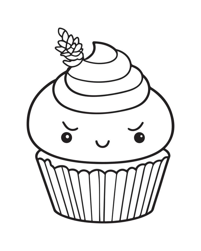 Cute Kawaii cupcake coloring Pages, Cupcake illustration, cupcake black and white, cupcake flat design, cake art. vector