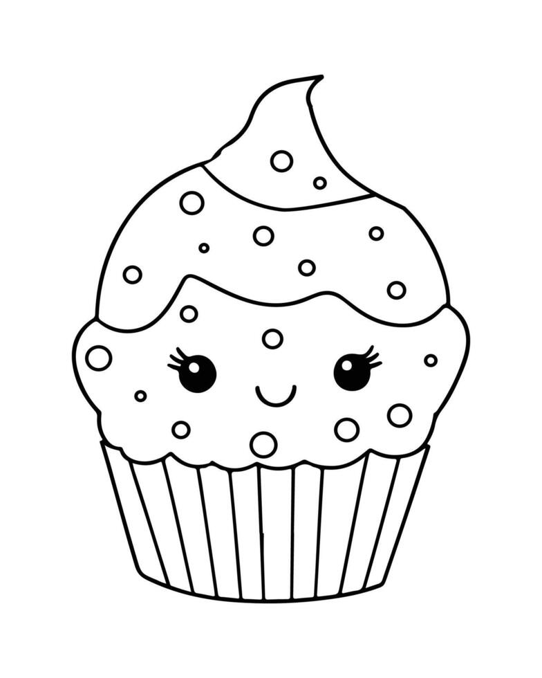 Cute Kawaii cupcake coloring Pages, Cupcake illustration, cupcake black and white, cupcake flat design, cake art. vector