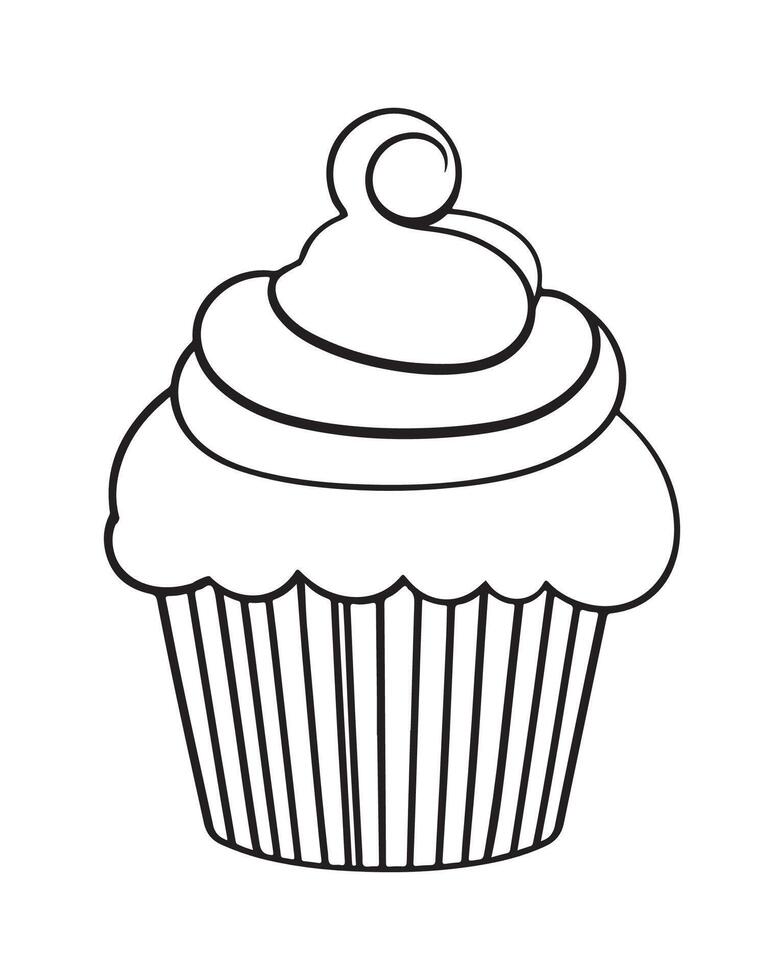 Cute Kawaii cupcake coloring Pages, Cupcake illustration, cupcake black and white, cupcake flat design, cake art. vector