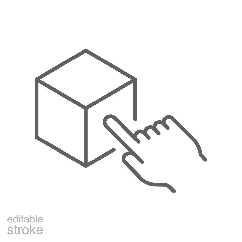 Hand pointing cube icon. Simple outline style. Augmented reality, 3d, innovation, virtual technology, digital, AR technology concept. Thin line symbol. isolated. Editable stroke. vector